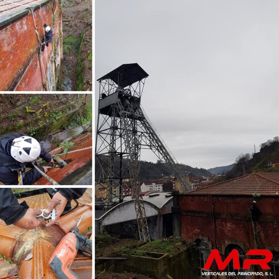 Instalación de líneas de vida y reparaciones de tejado - Pozo Fondón, Langreo, Asturias.